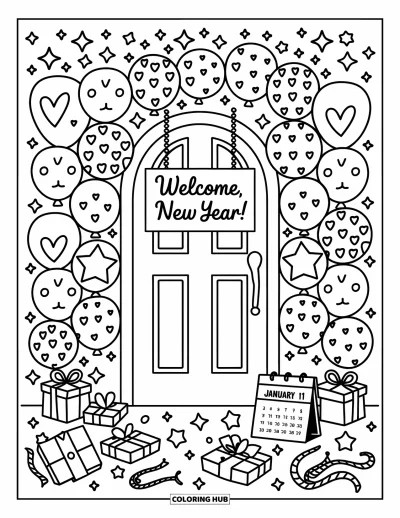 Coloriage Bonne Année pour adultes : Arche de ballons festive accueillant le Nouvel An avec des confettis