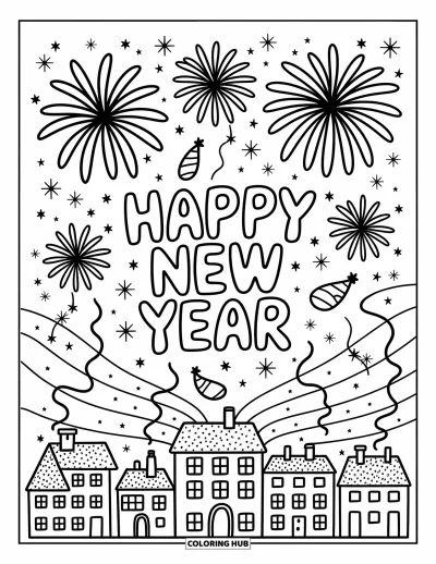 Coloriage Bonne Année pour adultes : Des feux d'artifice s'épanouissent au-dessus d'un panorama urbain festif du Nouvel An