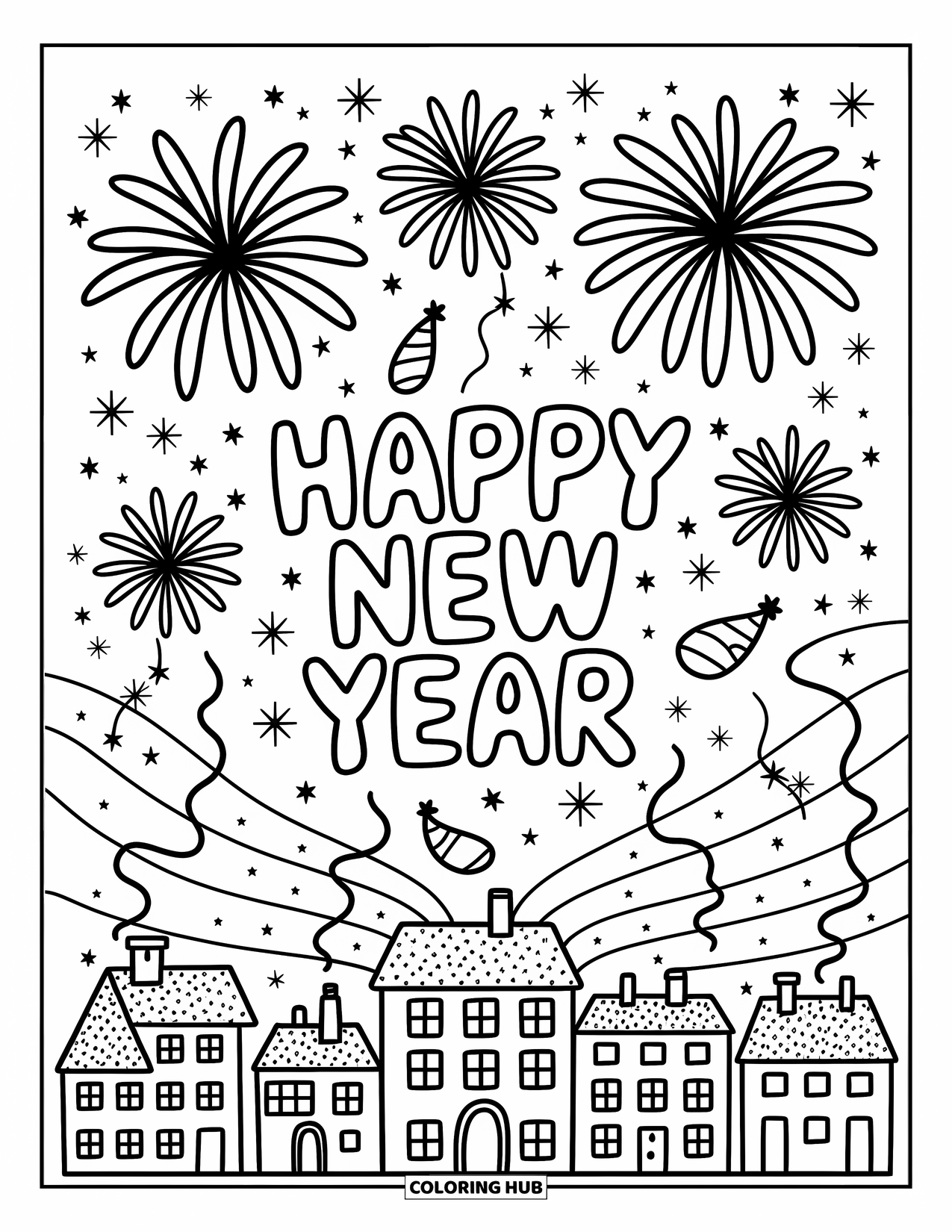 Silvester-Ausmalbild für Erwachsene: Verspielte Feuerwerke blühen über einer festlichen Silvester-Stadtsilhouette