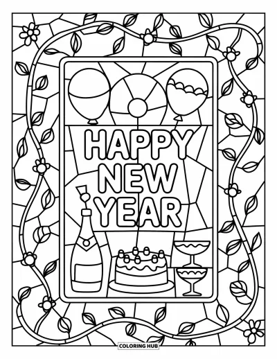 Coloriage Bonne Année pour adultes : Panneau de vitrail rectangulaire avec "Happy New Year" et des accessoires de fête