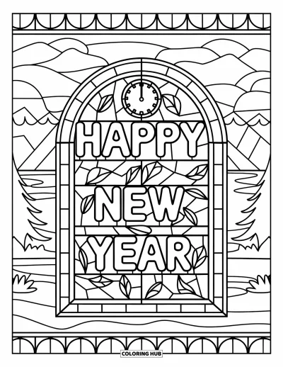 Coloriage Bonne Année pour adultes : Vitrail avec "Happy New Year" et des horloges