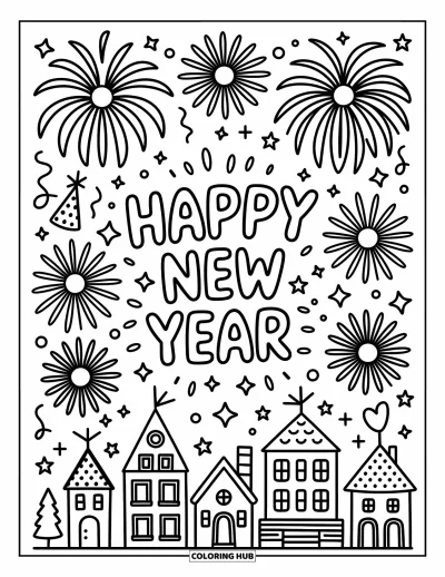 Coloriage Bonne Année pour adultes : Étoiles et chapeaux entourent un "Happy New Year" en bulles au-dessus des toits
