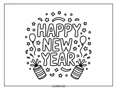 Coloriage Bonne Année pour adultes : Des serpentins et des confettis entourent de grandes lettres "Happy New Year"