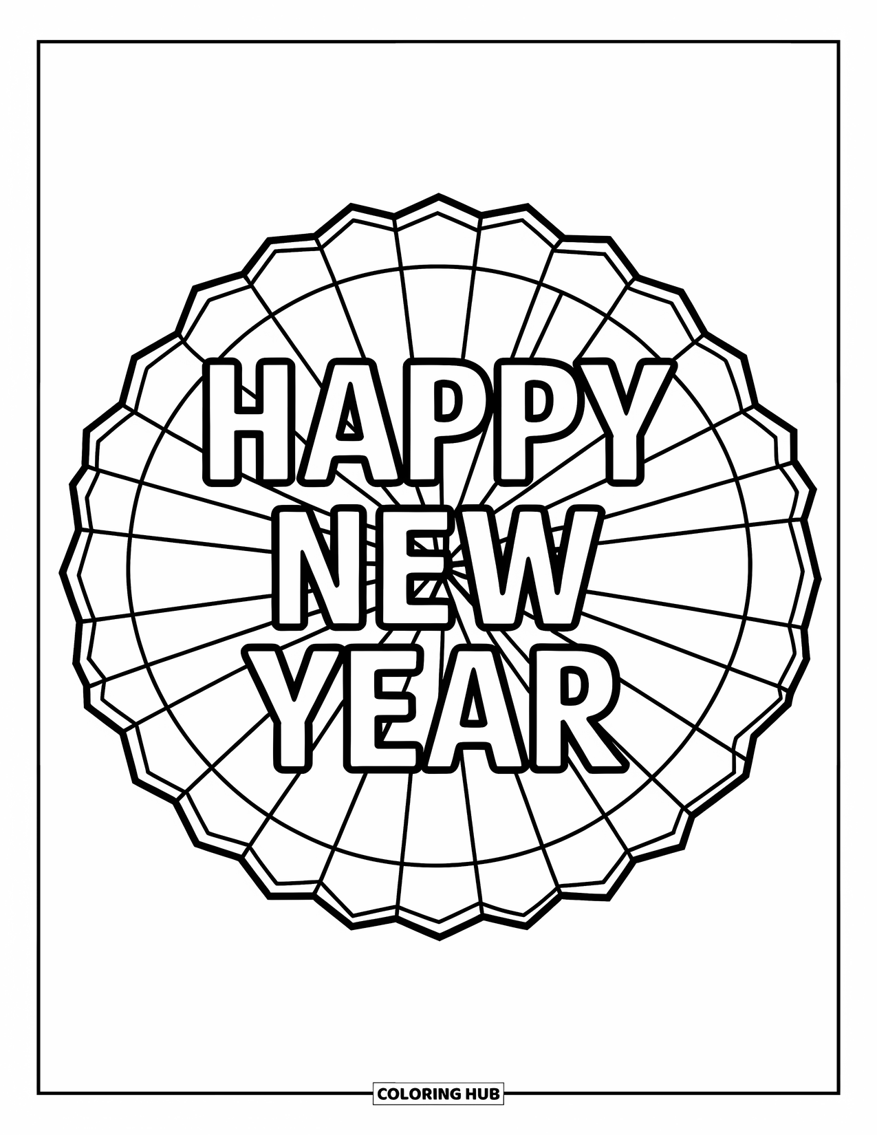 Silvester-Ausmalbild für Erwachsene: Sonnenstrahlen-Buntglas umgibt fetten 