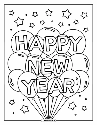 Coloriage Bonne Année pour enfants : Grappe de ballons avec des étoiles composant "Happy New Year"