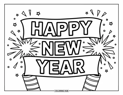 Coloriage Bonne Année pour enfants : Banderole "Happy New Year" tenue par des cotillons
