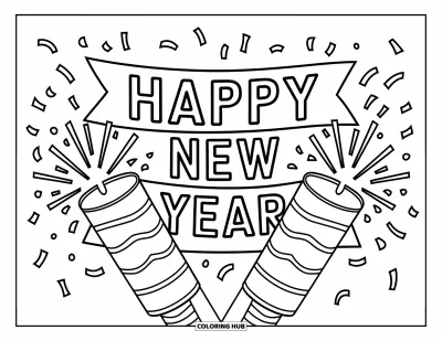 Coloriage Bonne Année pour enfants : Banderole avec des explosions de confettis composant "Happy New Year"