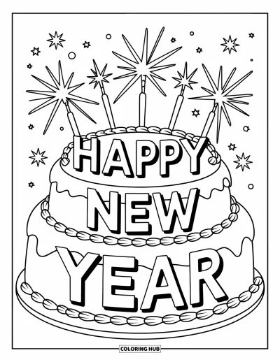 Coloriage Bonne Année pour enfants : Grand gâteau avec des cierges magiques et le texte "Happy New Year"