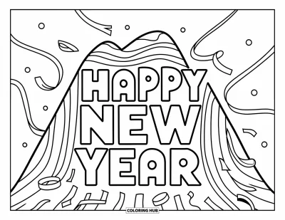 Coloriage Bonne Année pour enfants : Grand "Happy New Year" en forme de montagne avec des serpentins en cascade