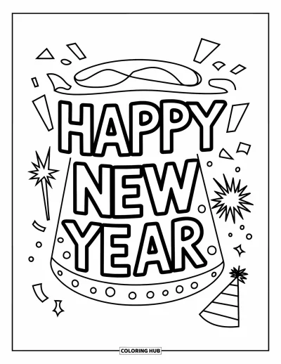 Coloriage Bonne Année pour enfants : Chapeau en gras avec le texte "Happy New Year"