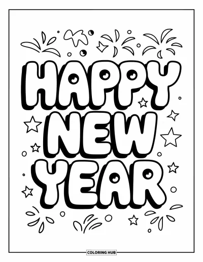 Coloriage Bonne Année pour enfants : Texte en bulles décoré de feux d'artifice et d'étoiles