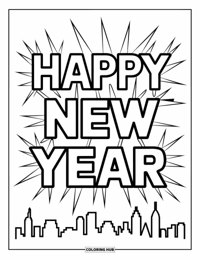 Coloriage Bonne Année pour enfants : Lumières éclatantes avec silhouette de ville et "Happy New Year"