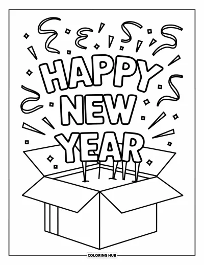 Coloriage Bonne Année pour enfants : Boîte de célébration libérant le message "Happy New Year"