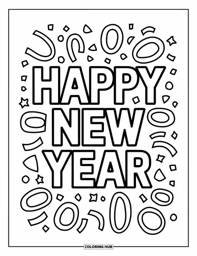 Coloriage Bonne Année pour enfants : Message joyeux encadré de nuages de confettis