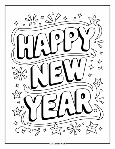 Coloriage Bonne Année pour enfants : Grosses lettres ondulées avec des feux d'artifice et des étoiles