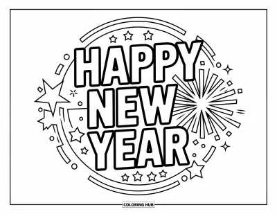 Coloriage Bonne Année pour enfants : Cercle d'étoiles et de feux d'artifice autour du message