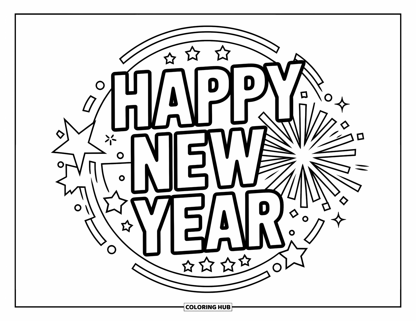 Silvester-Ausmalbild für Kinder: Kreisförmiger Ausbruch von Sternen und Feuerwerk um die Botschaft