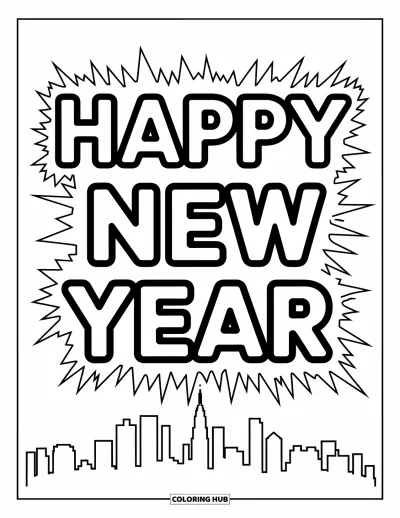 Coloriage Bonne Année pour enfants : Silhouette de ville sous le texte lumineux "Happy New Year"