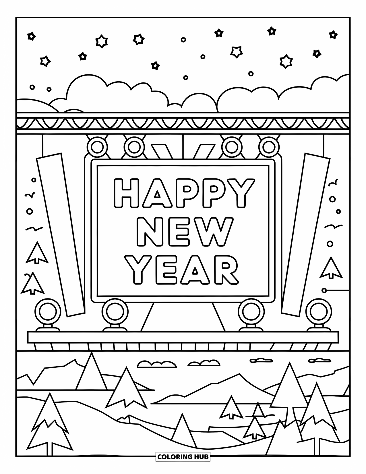 Silvester-Ausmalbild für Kinder: Countdown-Bühne mit Bildschirm und 