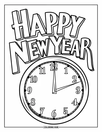 Coloriage Bonne Année pour enfants : "Happy New Year" en cursive avec une horloge au-dessus