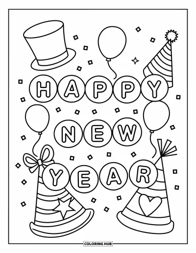 Coloriage Bonne Année pour enfants : Ligne courbée de chapeaux composant "Happy New Year"