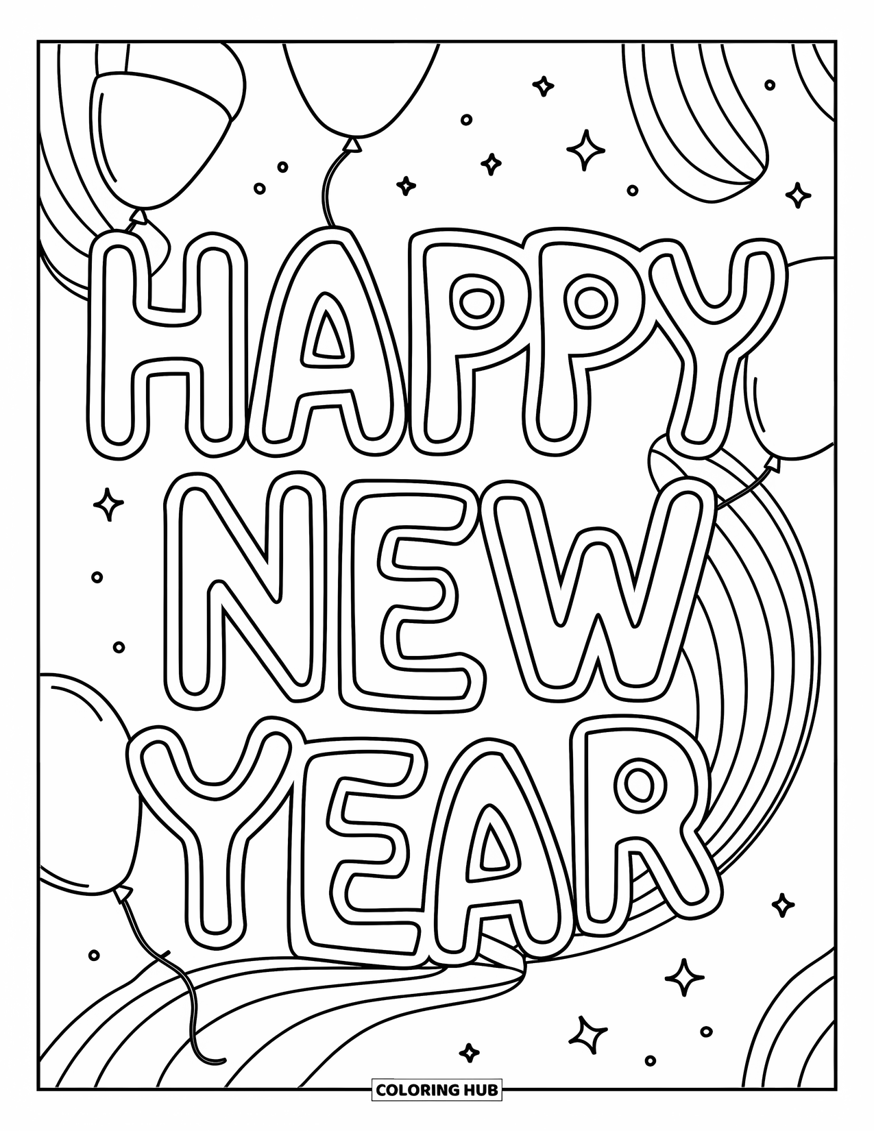 Silvester-Ausmalbild für Kinder: Geschwungener Neujahrs-Schriftzug mit Ballons darüber