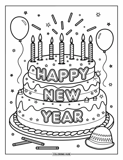 Coloriage Bonne Année pour enfants : Gâteau décoré avec des ballons et "Happy New Year"