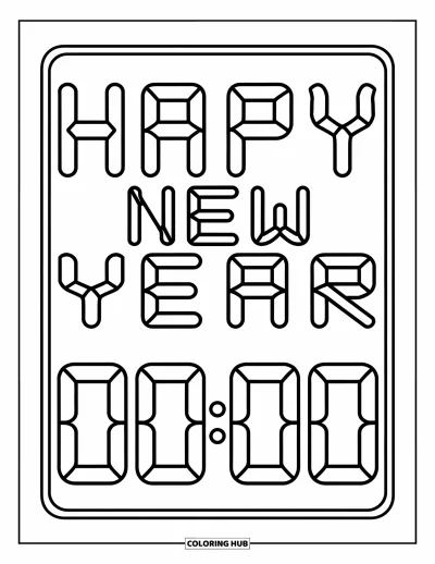 Coloriage Bonne Année pour enfants : Compte à rebours numérique à 00:00 avec "Happy New Year"