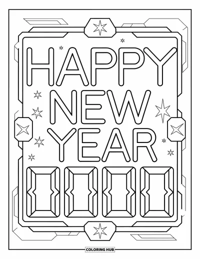 Coloriage Bonne Année pour enfants : Affichage numérique à 00:00 avec "Happy New Year"