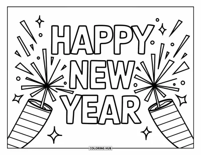 Coloriage Bonne Année pour enfants : Cotillons qui explosent tenant une banderole "Happy New Year"