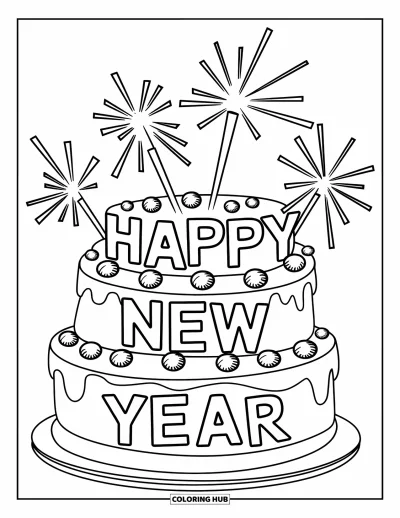 Coloriage Bonne Année pour enfants : Gâteau de fête garni de cierges magiques portant "Happy New Year"