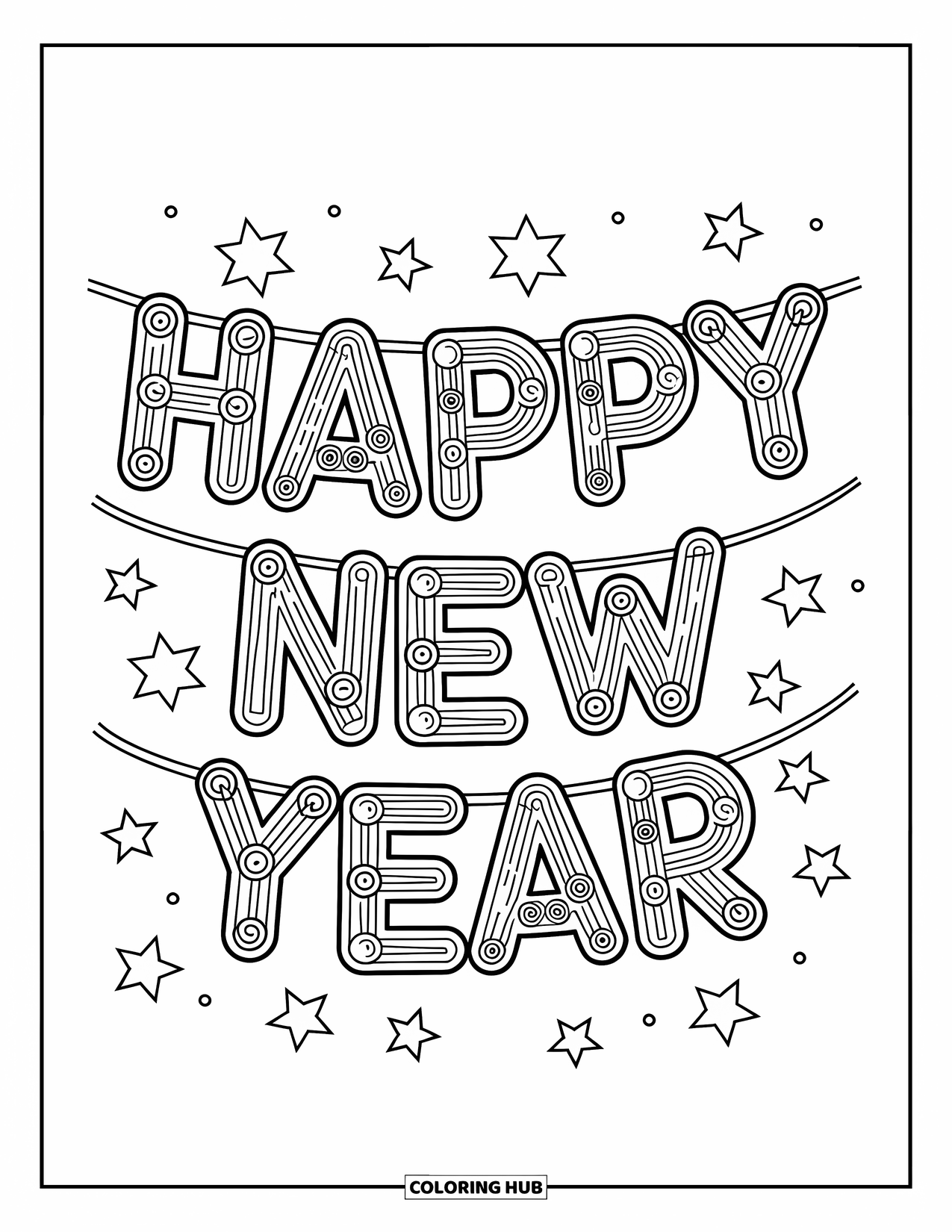 Silvester-Ausmalbild für Kinder: Girlanden-Buchstaben mit Sternen und 