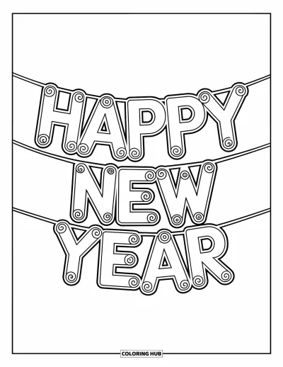 Coloriage Bonne Année pour enfants : Guirlande de lettres tourbillonnantes composant "Happy New Year"