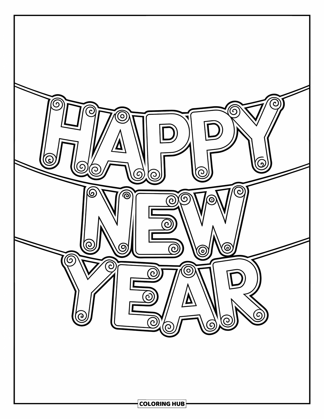 Silvester-Ausmalbild für Kinder: Girlande aus geschwungenen Buchstaben mit 