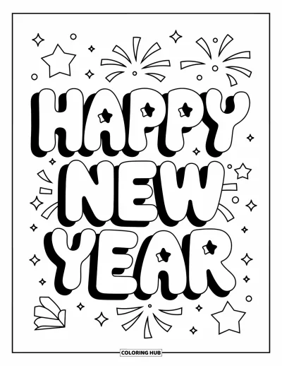 Coloriage Bonne Année pour enfants : Grandes lettres en bulles avec des étoiles au-dessus