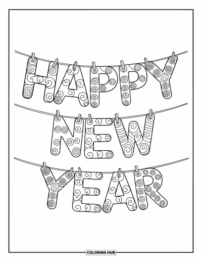 Coloriage Bonne Année pour enfants : Guirlande suspendue avec "Happy New Year" en tourbillons