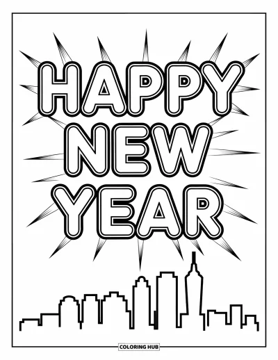 Coloriage Bonne Année pour enfants : "Happy New Year" au-dessus de grands immeubles de la ville