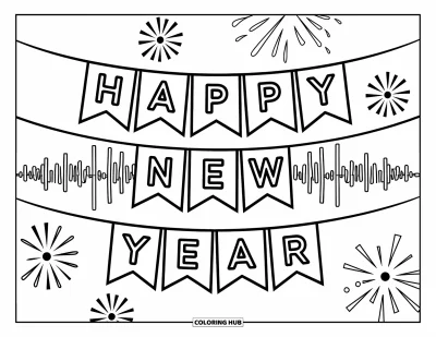Coloriage Bonne Année pour enfants : "Happy New Year" sur des fanions avec des feux d'artifice