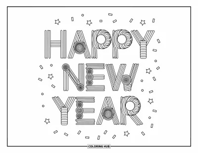 Coloriage Bonne Année pour enfants : Lettres "Happy New Year" formées de spirales et d'étoiles