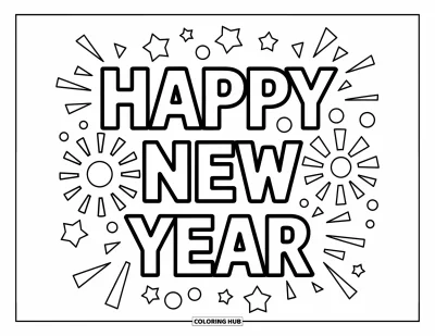 Coloriage Bonne Année pour enfants : "Happy New Year" entouré d'éclats, d'étoiles et de feux d'artifice