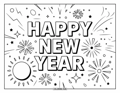 Coloriage Bonne Année pour enfants : Grand "Happy New Year" en lettres grasses avec des éclats d'étoiles