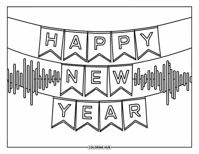 Coloriage Bonne Année pour enfants : Grands fanions avec "Happy New Year" et des ondes sonores