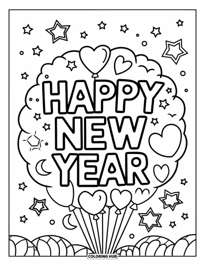 Coloriage Bonne Année pour enfants : Ballons mélangés avec des cœurs et des étoiles portant "Happy New Year"