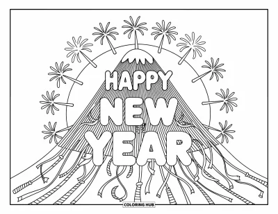 Coloriage Bonne Année pour enfants : "Happy New Year" en forme de montagne entouré de feux d'artifice