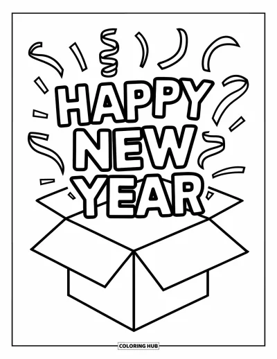 Coloriage Bonne Année pour enfants : Boîte du Nouvel An avec des serpentins qui s'envolent et "Happy New Year"