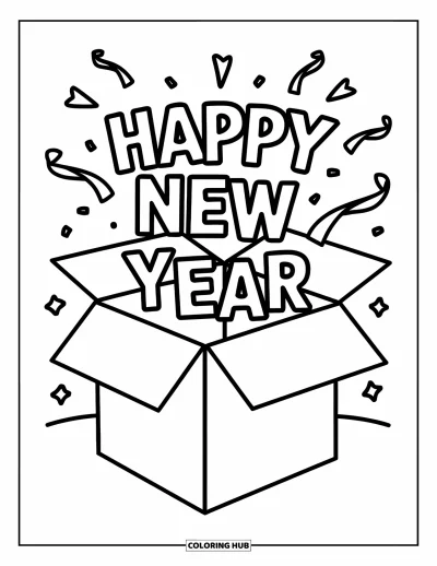 Coloriage Bonne Année pour enfants : Boîte ouverte avec des serpentins et le texte "Happy New Year"