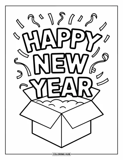 Coloriage Bonne Année pour enfants : Boîte de fête débordant de "Happy New Year" et de serpentins