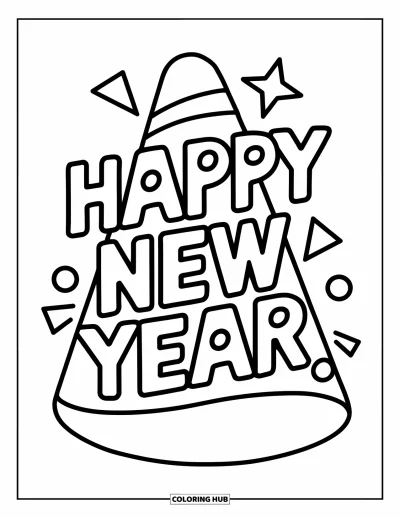 Coloriage Bonne Année pour enfants : Chapeau de fête avec "Happy New Year" à l'intérieur