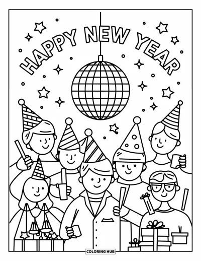 Coloriage Bonne Année pour enfants : Scène de fête avec boule disco et "Happy New Year"