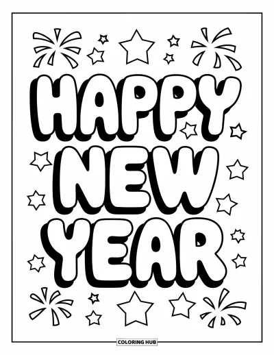 Coloriage Bonne Année pour enfants : Lettres en bulles ludiques avec des étoiles et des feux d'artifice au-dessus